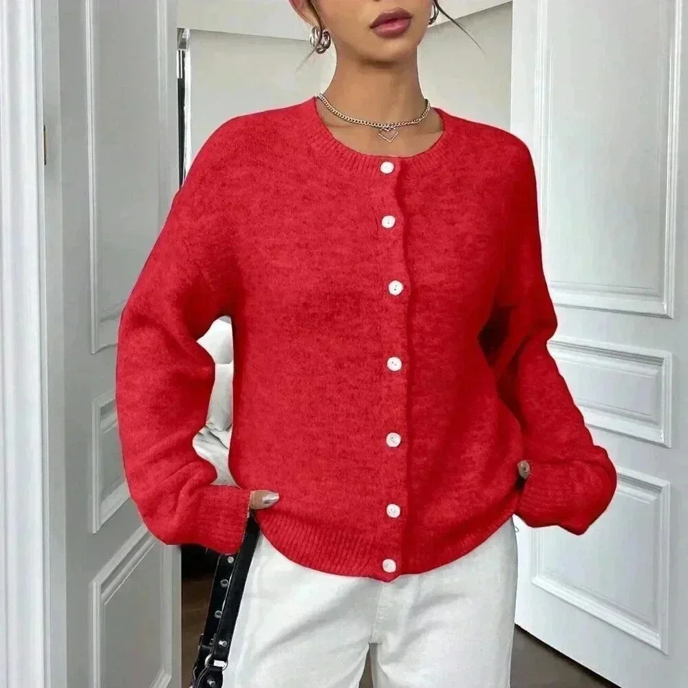 Red Casual Women's Loose Cardigan - Picture 5 of 8